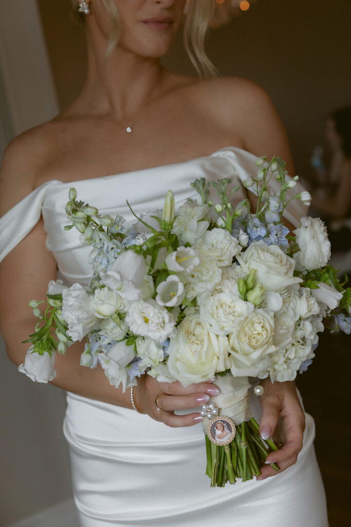 Close-up of the bride's white and blue floral bouquet, St. Augustine, Florida wedding