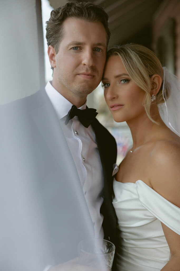 Color portrait of the bride and groom embracing, St. Augustine, Florida wedding day