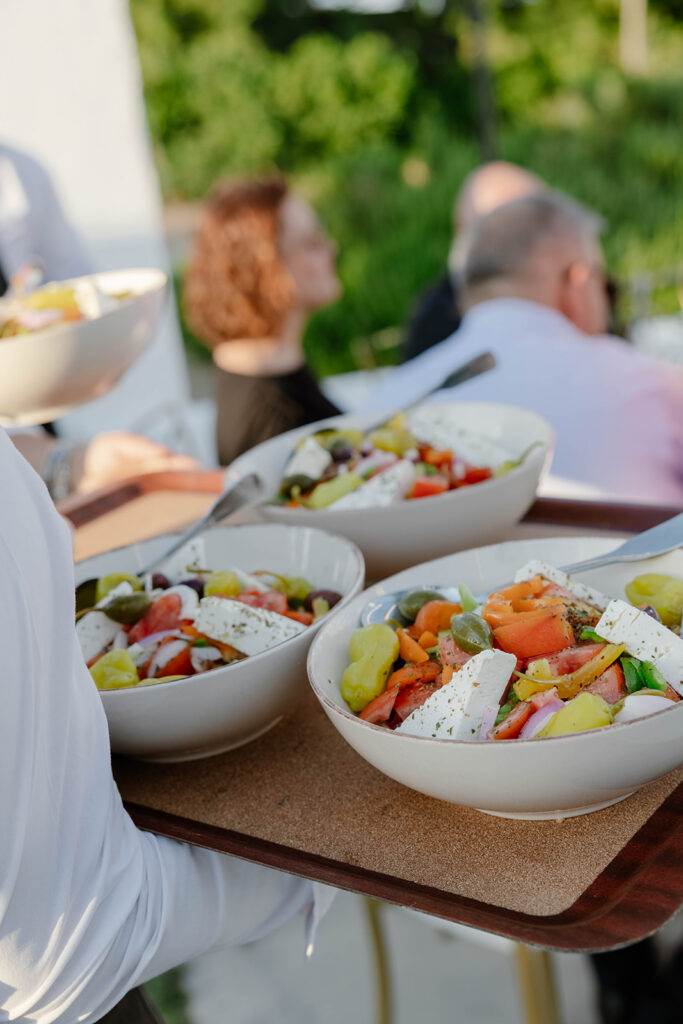 Colorful Greek dishes served at the Rhodes, Greece wedding reception